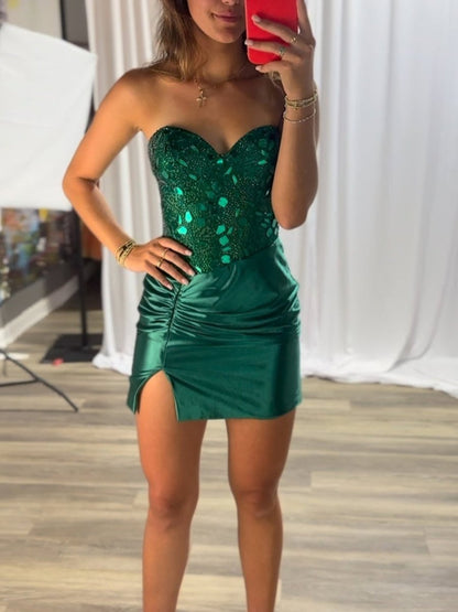 Emerald - Strapless Bodycon Satin Mirror Mini Party Dresses With Beading