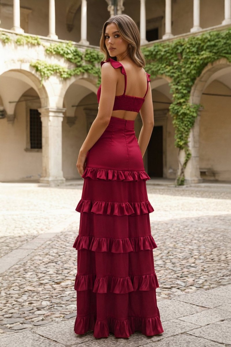 Knotted Sage Ruffles Mermaid Tiedred Maxi Dress