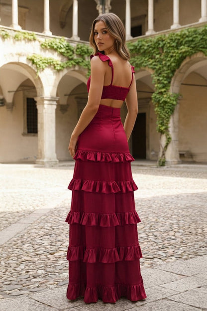 Knotted Sage Ruffles Mermaid Tiedred Maxi Dress