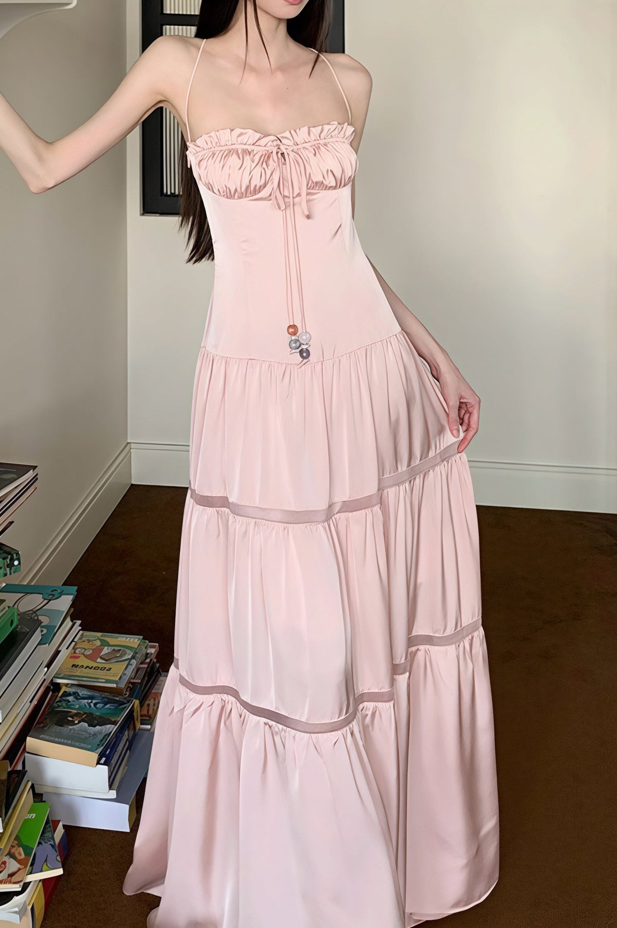 Pink Satin Tie Strapless Spaghetti Strap Maxi Dress
