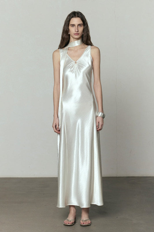 Simple Solid Satin V Neck Loose Maxi Dress