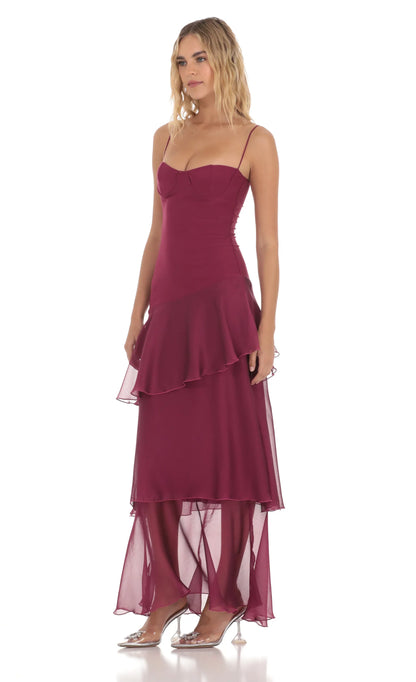 Long Ruffle Maxi Dress in Plum