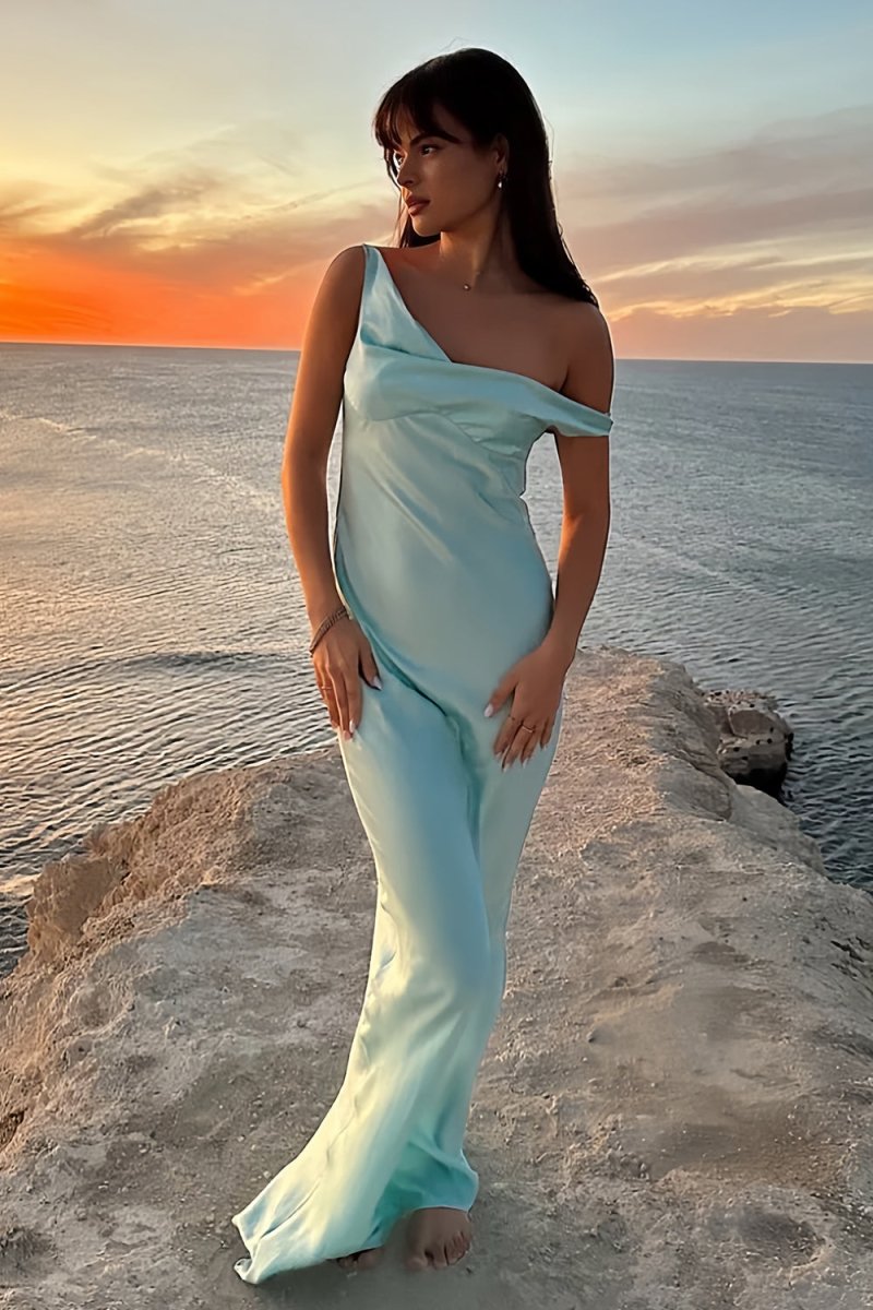 Fuchsia - One Shoulder Sheath Satin Long Prom Dresses