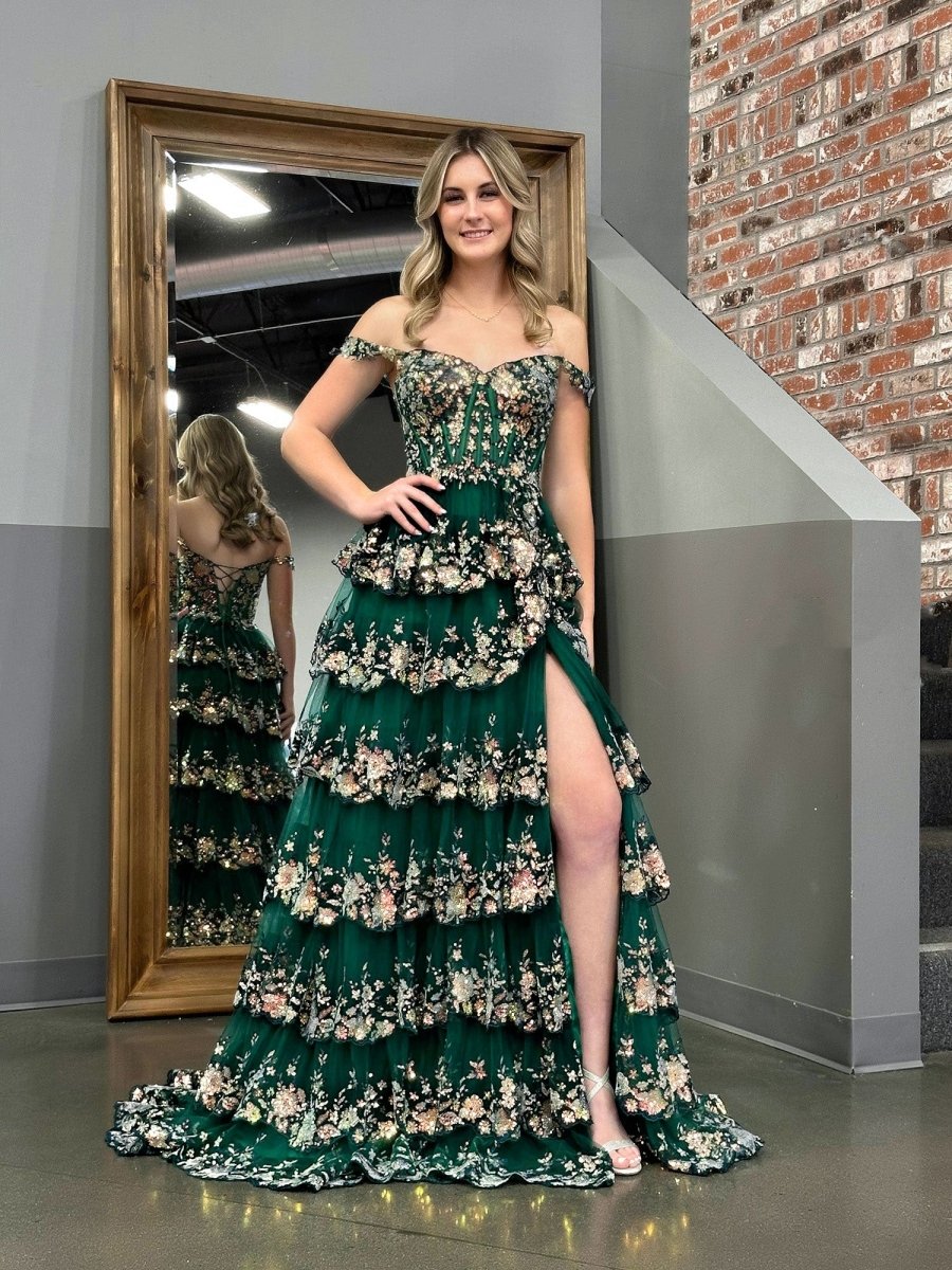 Green Crystal Sequins Princess A Line Off the Shoulder Prom Dress with Lace Ruffles