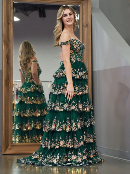 Green Crystal Sequins Princess A Line Off the Shoulder Prom Dress with Lace Ruffles