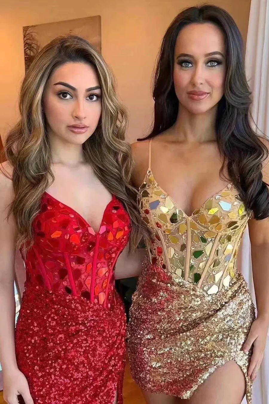 Gold Mirror-Cut Sequins Halter Sheath V Neck Mini Party Dresses