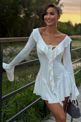 Fresh Plunging Neckline Bell Sleeve Ruffle Lace-up Mini Dress