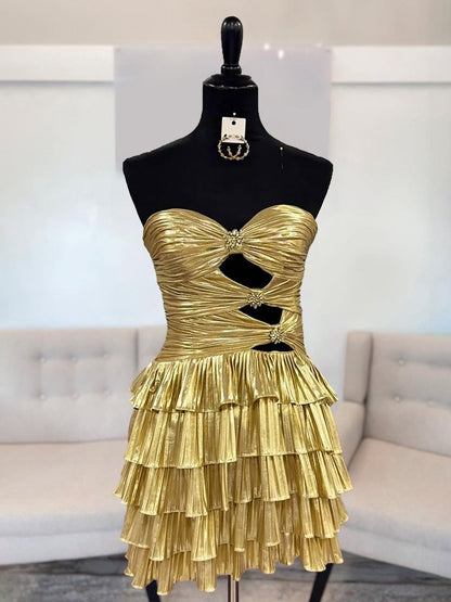 Gold - Strapless A Line Metallic Tiered Homecoming Dress With Beading