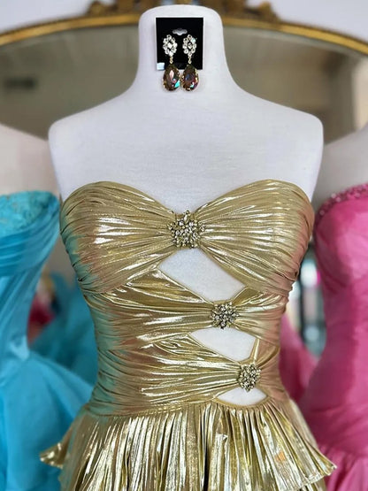 Gold - Strapless A Line Metallic Tiered Homecoming Dress With Beading