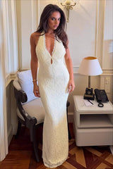 Lace Halter Tie Back Bodycon Maxi Dress