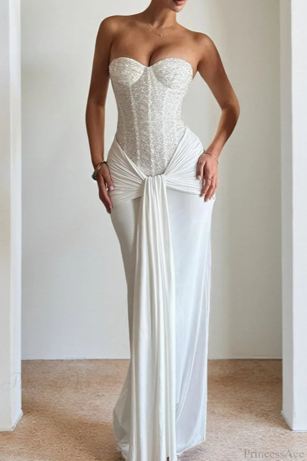 Chiffon Sash Strapless Fitted Maxi Dress
