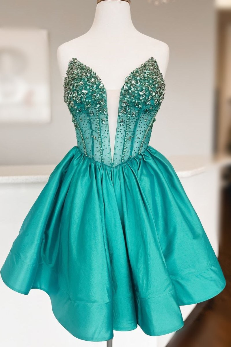 Green - V Neck A-line Short Homecoming Dress With Beadings