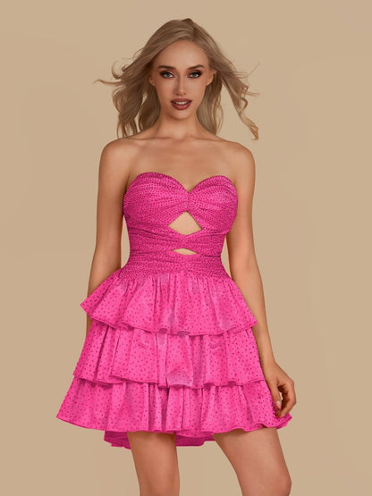 Hot Pink - A Line Sweetheart Satin Cut Out Ruffled Homecoming & Cocktail Dresses with Beads