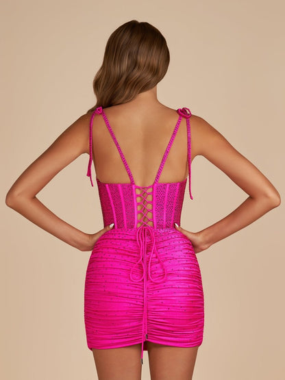Fuchsia - Bodycon Scoop Neck Beaded Satin Corset Homecoming Dresses with Bow Straps