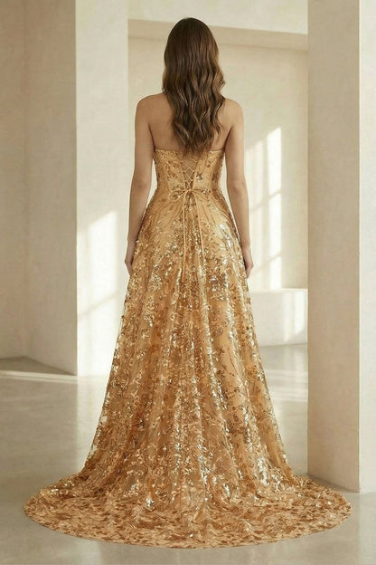 Gold Sweetheart A Line Sequined Lace Formal Prom Dresses With Slit