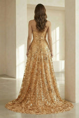 Gold Sweetheart A Line Sequined Lace Formal Prom Dresses With Slit