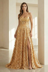 Gold Sweetheart A Line Sequined Lace Formal Prom Dresses With Slit