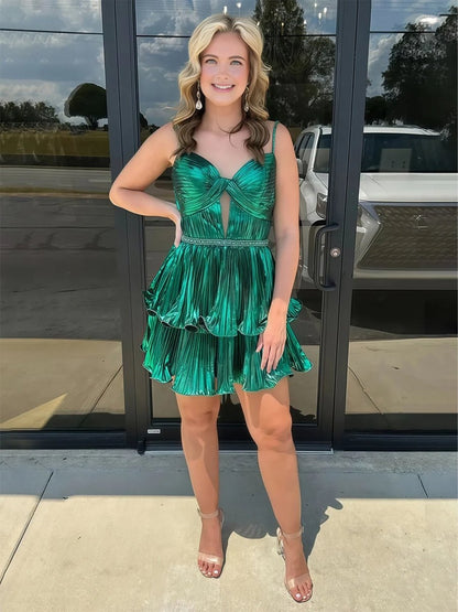 Green - A Line Metallic Tiered Ruffles Cut Out Short Homecoming Dresses