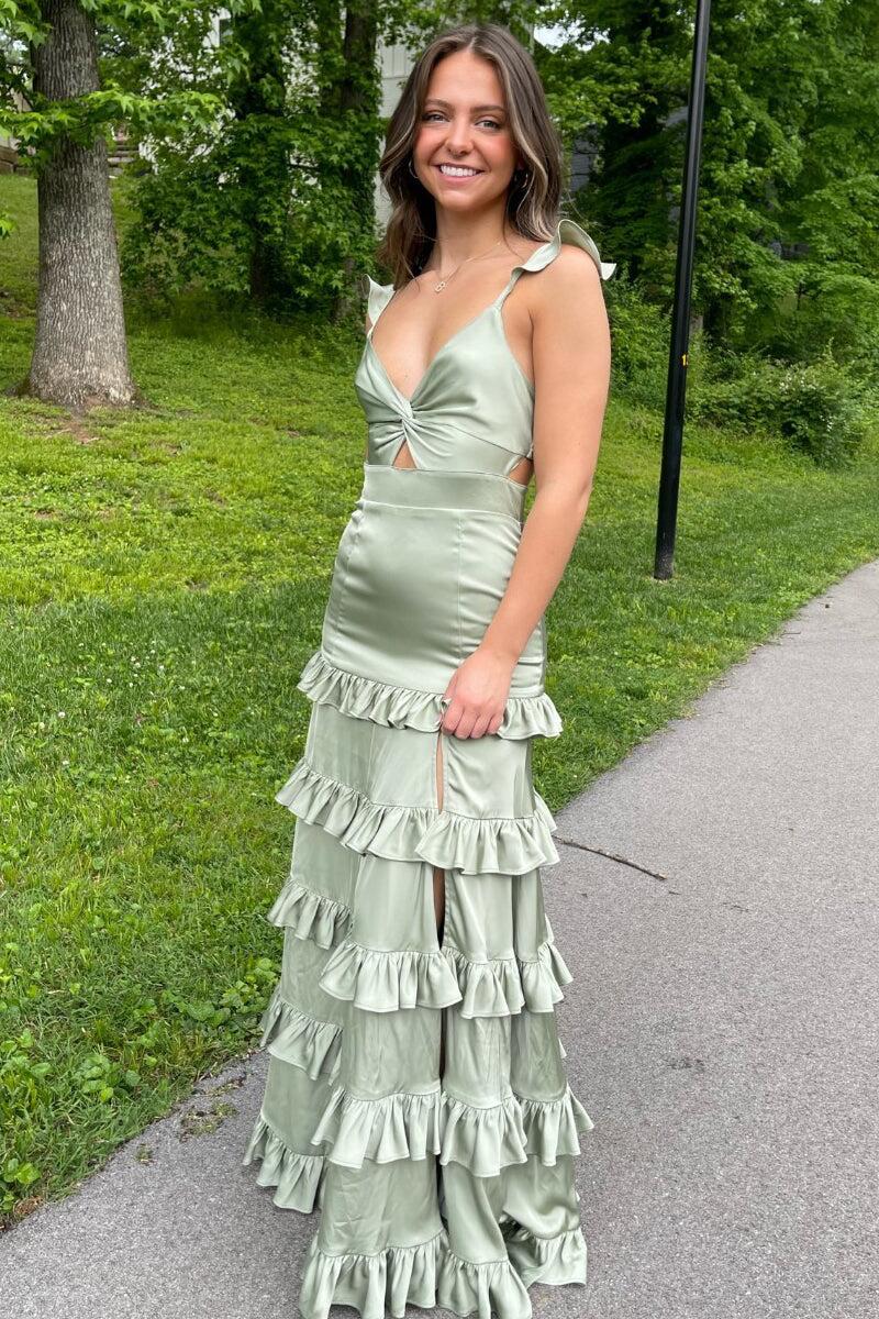 Knotted Sage Ruffles Mermaid Tiedred Maxi Dress