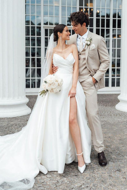 Elegant A-Line Strapless White Satin Wedding Dresses With Slit