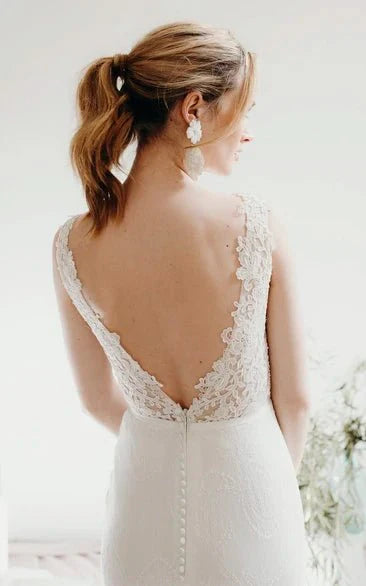 Lace Sleeveless Elegant Mermaid Plunging V-neck Bridal Gown With Deep V-back And Buttons