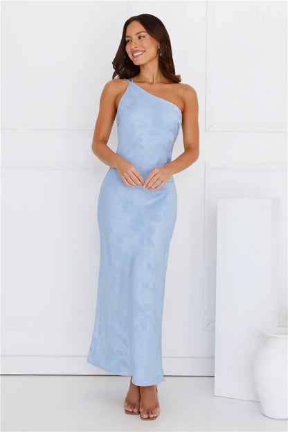 Exotic Bloom One Shoulder Satin Maxi Dress Blue