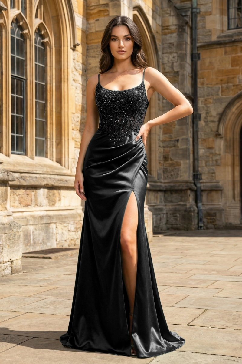 Green Sheer Appliques Satin Mermaid Long Prom Dress
