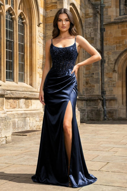 Green Sheer Appliques Satin Mermaid Long Prom Dress