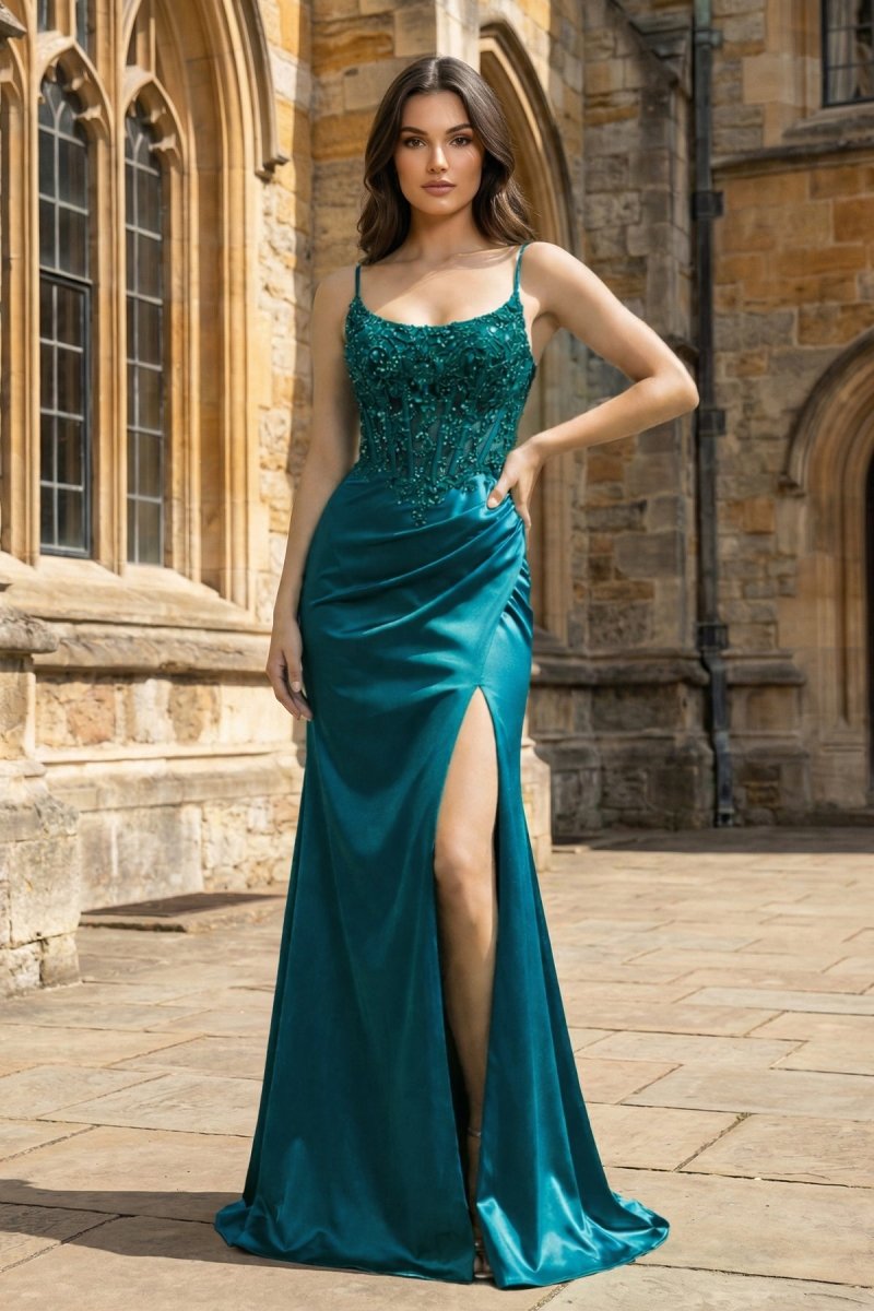 Green Sheer Appliques Satin Mermaid Long Prom Dress