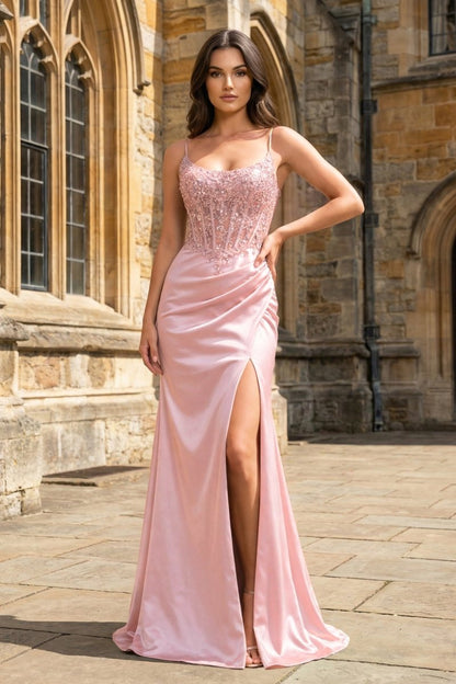 Green Sheer Appliques Satin Mermaid Long Prom Dress