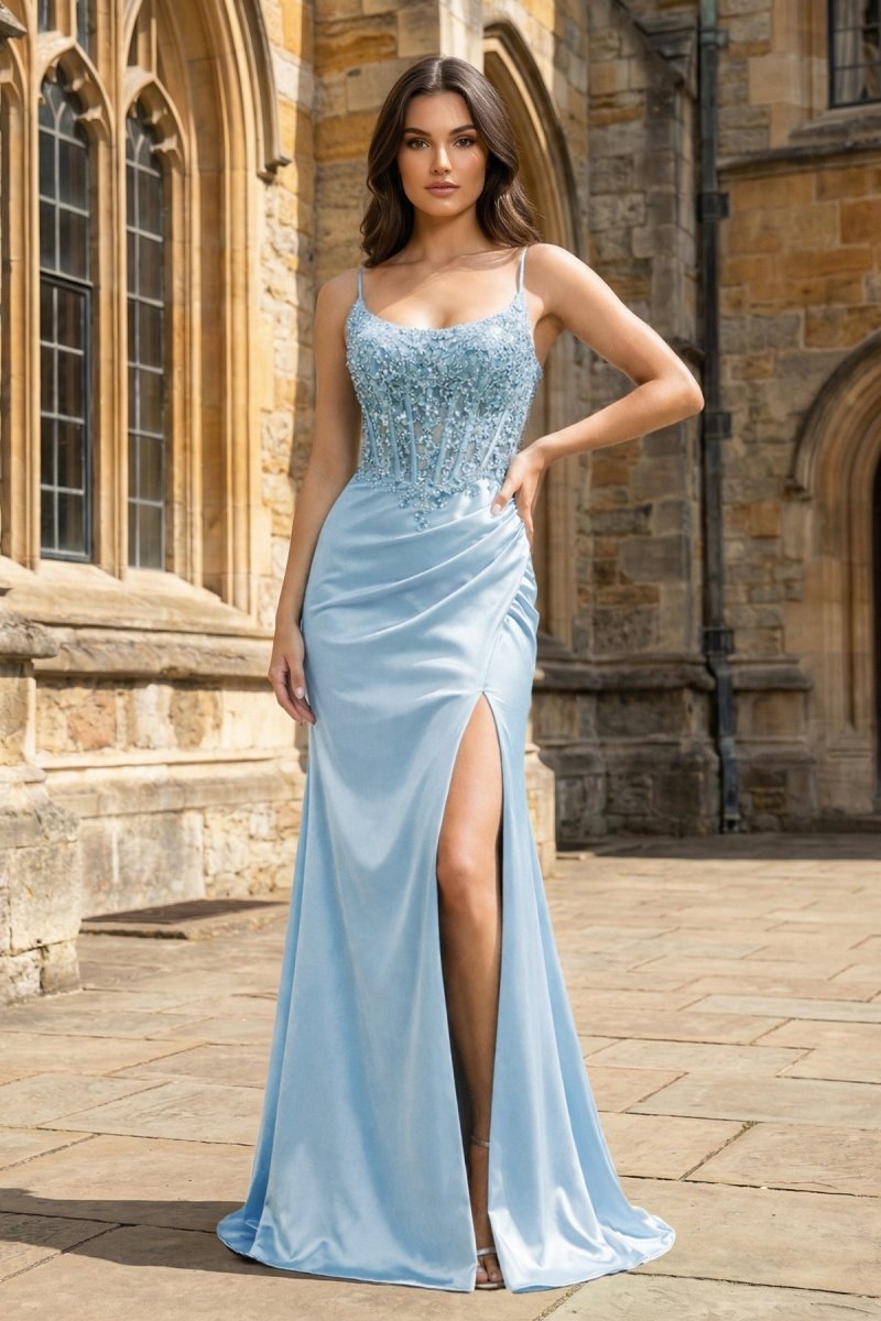 Green Sheer Appliques Satin Mermaid Long Prom Dress