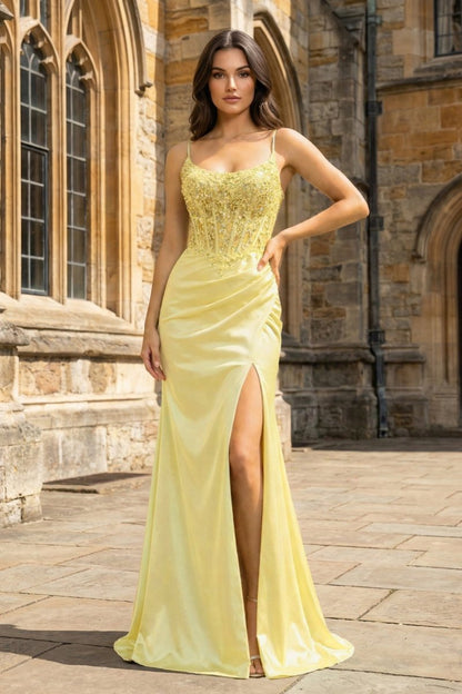 Green Sheer Appliques Satin Mermaid Long Prom Dress