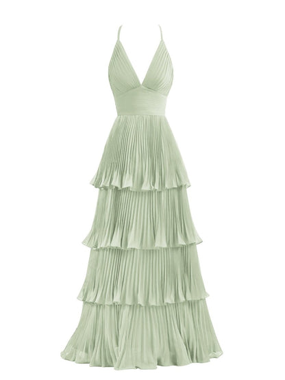 Dark Green A-Line Tiered Floor Length Chiffon Bridesmaid Dress