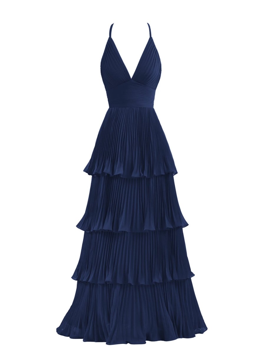 Dark Green A-Line Tiered Floor Length Chiffon Bridesmaid Dress