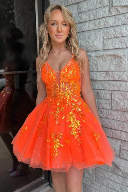 Lace Plunge V Backless A-Line Short Homecoming Dress