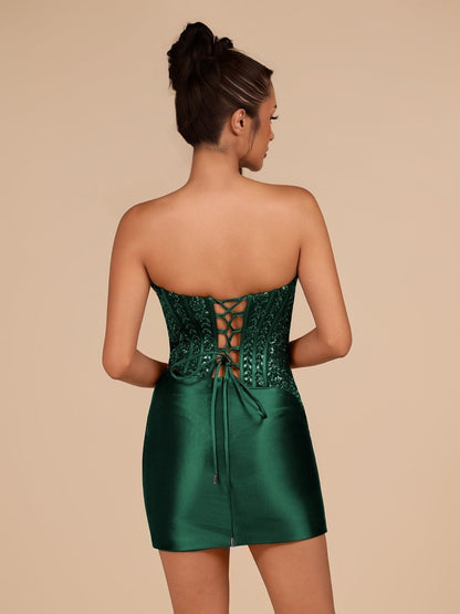 Dark Green - Strapless Bodycon Satin Pleated Short Homecoming & Cocktail Dresses With Beading