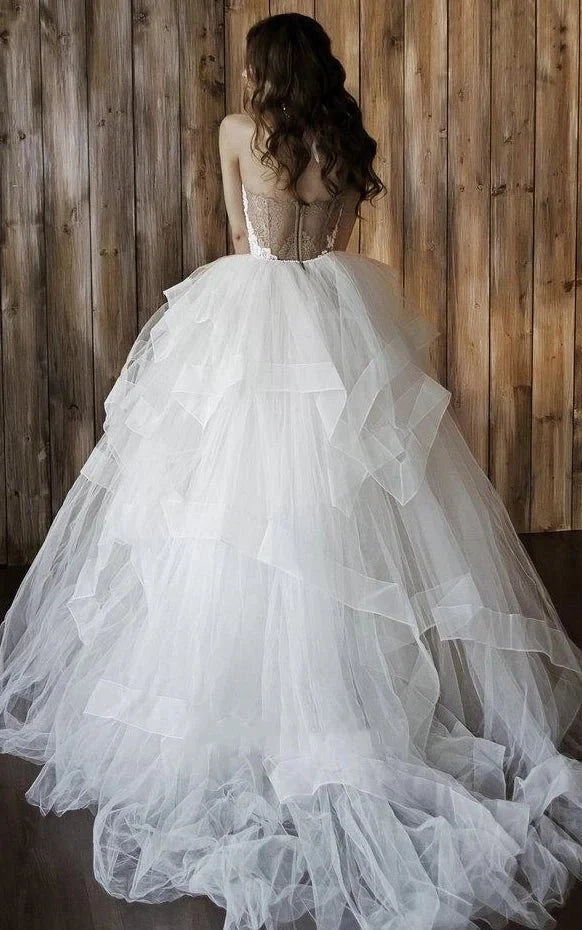 Detachable Floral Princess A-Line Boho Lace Wedding Dress Elegant Chic Sweetheart Court Train Ball Gown