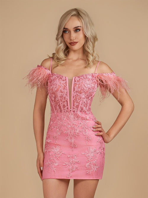 Detachable Off-the-Shoulder Feathers Appliques Sexy Fitted Homecoming Dress