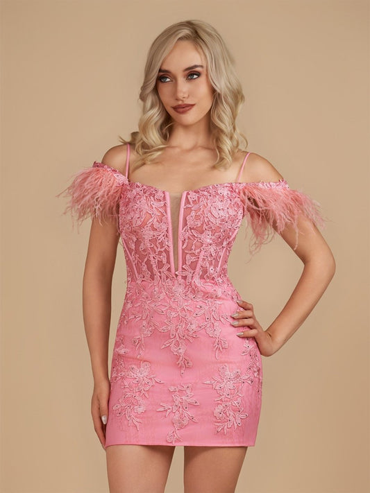Detachable Off-the-Shoulder Feathers Appliques Sexy Fitted Homecoming Dress