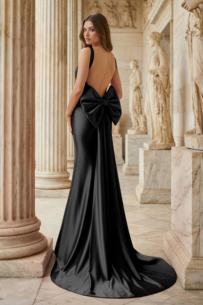 Fuchsia Square Neck Satin Mermaid Formal Gown with Bow