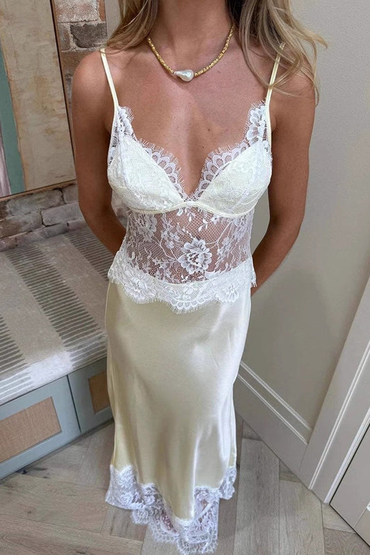 Elegant Sexy Deep V Sheer Lace Patchwork Maxi Dress
