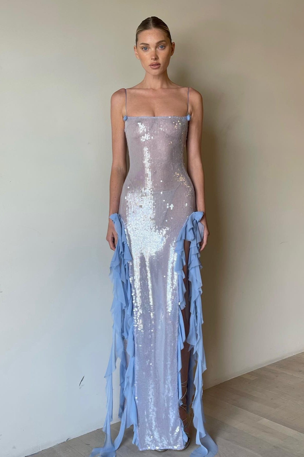 Sexy Sequin Sheer Ruffle Maxi Dress
