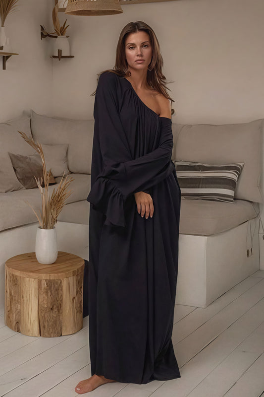 Solid Loose Slouchy Flared Hem Maxi Dress