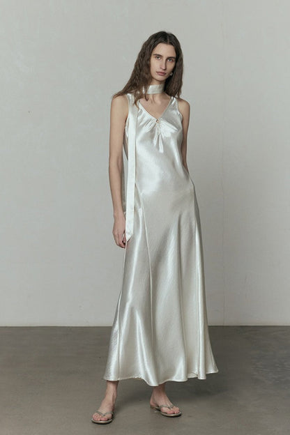 Simple Solid Satin V Neck Loose Maxi Dress