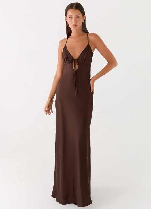 Flora Satin Maxi Dress - Chocolate