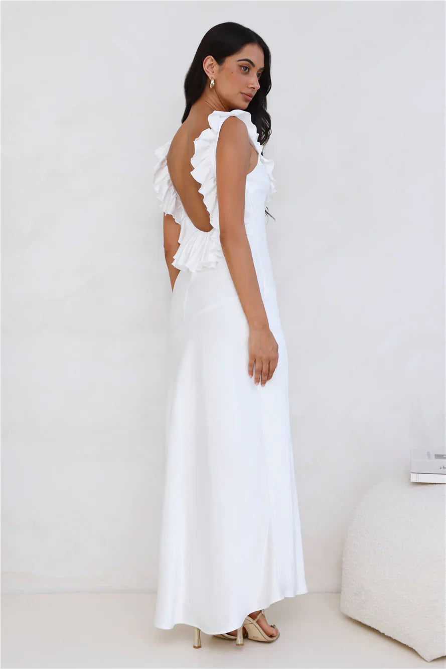 Chasing The Spark Satin Maxi Dress White