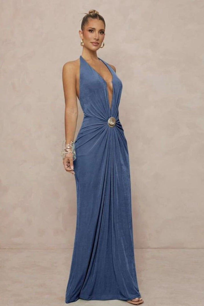 Deep V Halter Ruched Metal Trim Backless Maxi Dress