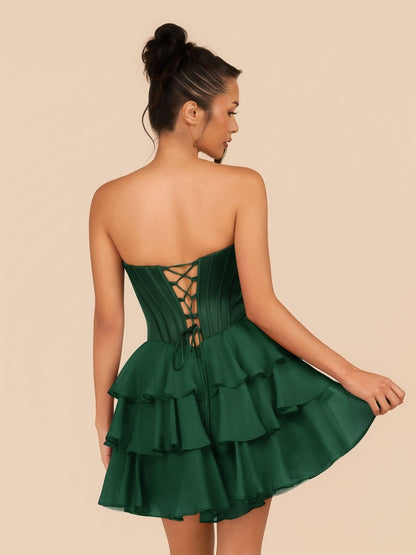 Dark Green – Strapless A-Line Ruffles Homecoming Dress With Beading