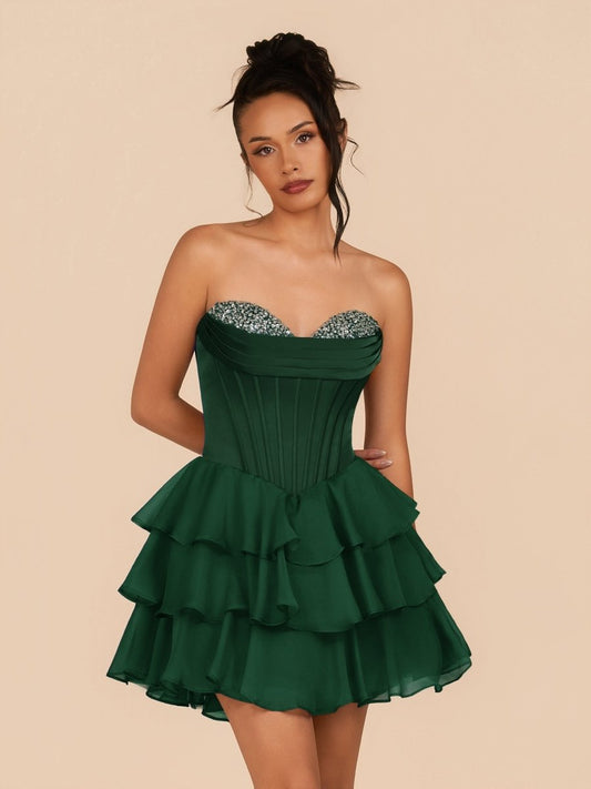 Dark Green – Strapless A-Line Ruffles Homecoming Dress With Beading