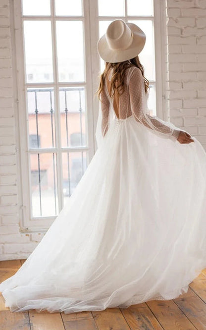 Elegant A Line Chiffon Bateau Long Sleeve Wedding Dress with Beading